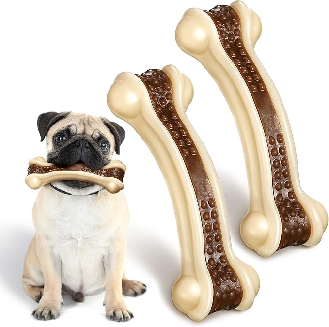 Sosation Bones Shaped Dog Toys for Aggressive Chewers, 2 Pack Dog Chew Toys Puppy Teething Nylon Beef Flavor for Large/Medium/Small Puppies Breeds(Curved Bone,Large)