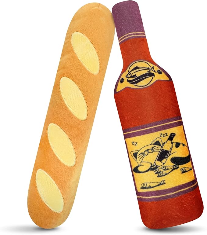CiyvoLyeen Catnip Toy, Bread Wine Bottle Cat Kicker Toys Baguette Large Interactive Chew Teething for Kitten Indoor Filled Plush Catmint Stuff Gift for Cat Lover 2PCS