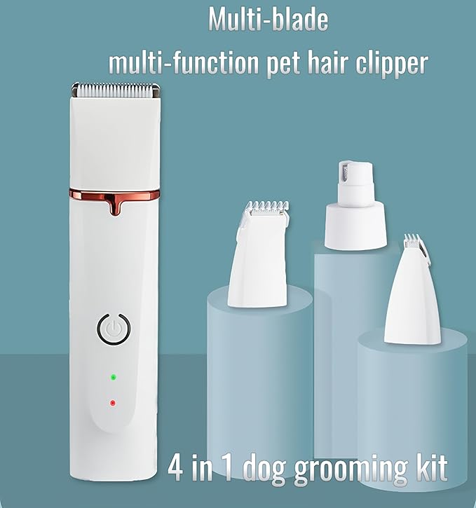4 in 1 Pet Dog Cat Grooming Kit Dog Cat Nail Ear Paw Clipper Trimmer Pet Hair Grooming Clipper-Low Noise Rechargeable - Cordless Quiet Nail Grinder Trimming Hair Around Eyes and Ears (White)