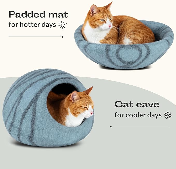 MEOWFIA Cat Cave – Premium Felt Cat Bed for Indoor Cats, Handmade 100% Merino Wool (Aquamarine, Medium)