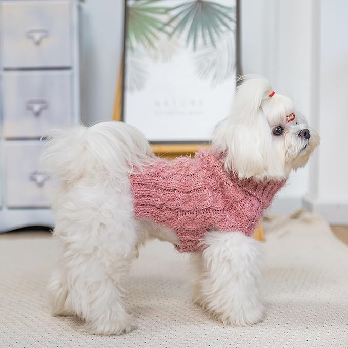 Turtleneck Small Dog Sweaters - Classic Cable Knitwear Winter Coat for Small Medium Dogs Male Female Puppy Dog Cold Weather Clothes Girls Boys, Light Pink, XS
