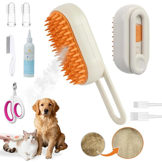 4-in-1 Cat & Dog Steam Deshedding Brush -Grooming Tool with Shedding, Cleaning, Massage & Combing, Includes Flea Comb, Nail Clippers, Pet Finger Toothbrush,120ml Cleaning Solution (Orange set)