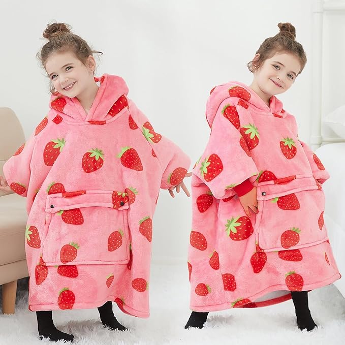 KFUBUO Wearable Blanket Hoodie for Kids Toddlers Sherpa Blanket Sweatshirt With Pocket Cute Hoodies 2-6 Year Old Girl Birthday Gifts Strawberry
