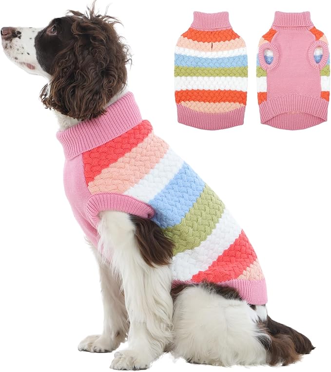 Kuoser Dog Sweater, Pet Cable Knitted Pullover Puppy Warm Clothes, Doggy Turtleneck Classic Knitwear Soft Thickening Doggie Outfit, Cold Weather Thermal Wear for Large Size Dogs, Pink 2XL