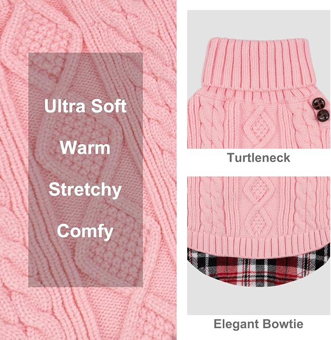 KYEESE Dog Sweater Stretchy Knitwear Cat Clothes Soft Pullover Dog Sweaters for Small Dogs Girl Comfy Pet Coat for Fall Winter Cold Weather Warm Turtleneck Small Dogs Sweater with Gingham Patchwork