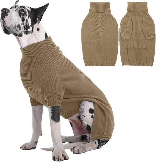 IECOii Great Dane Sweater,5XL Extra Large Sweater for Giant Breed Dogs in Winter,Turtleneck Cold Weather Knit Clothes,Machine Washable,Elastic Pullover for Saint Bernard,Mastiff (Camel,XXXXXL)