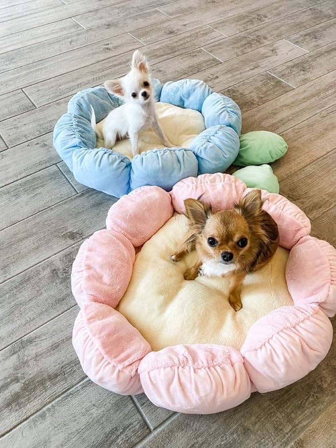 TONBO Soft Plush Small Cute and Cozy Pastel Pink Flower Dog Cat Bed, Washer and Dryer Friendly, (Pastel Pink)