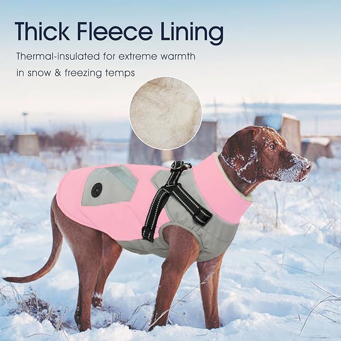 IECOii Dog Winter Jacket for Small Dogs, Waterproof Dog Coat with Harness Built in, Windproof Reflective Zip Up Fleece Jacket for Dogs, Puppy Thermal Warm Snowsuit for Cold Weather, Pink, S