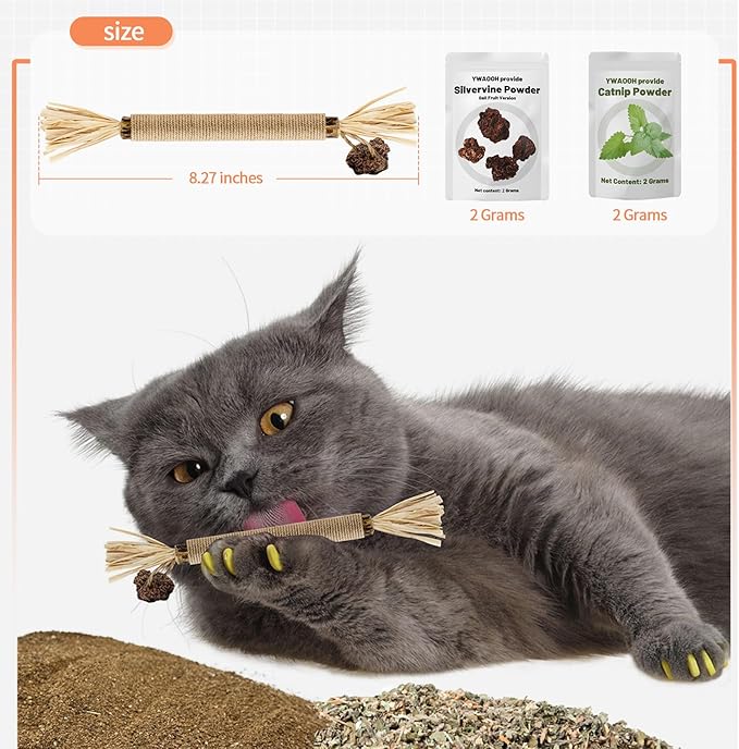 Cat Toys, 6 Silvervine Chew Sticks & 1PCS Organic Catnip & 1PCS Silvervine Powder, Cat Dental Toys for Kitten Teeth Cleaning, Matatabi Cat Toy