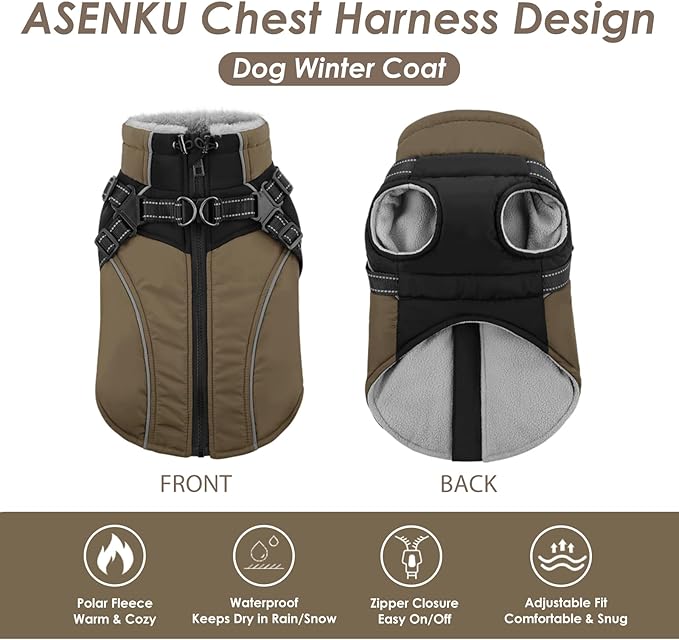 ASENKU Reflective Dog Coat with Built-in Harness, Windproof Fleece-Lined Dog Jacket for Small, Medium, Large Dogs, Warm Winter Vest with Turtleneck & Zipper (Khaki M)