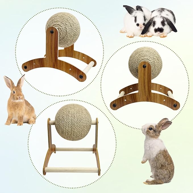 Fhiny Rabbit Scratch Toy, Natural Sisal Rabbit Scratching Ball Sisal Rope Bunny Claw Scratcher Rotating Ball Interactive Toys Nail Scratching Post for Indoor Pets Kittens Ferrets Small Animals