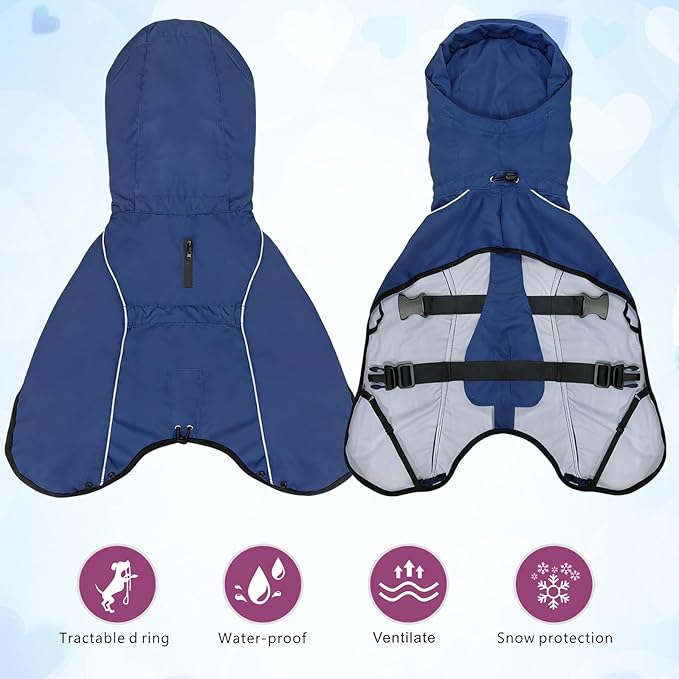 Mosucoirl Dog Raincoat Jacket Reflective Adjustable Hooded Pet Poncho Rain Coats with Leash Hole Waterproof Clothes for Small Medium Large Dogs (NavyBlue, M)