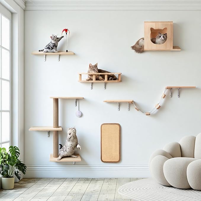 Cat Wall Shelves, Solid Wooden Wall-Mounted Cat Furniture, Set of 6 Cat Climbing Shelves with House, Bed, Bridge, Tree, Steps and Scratcher