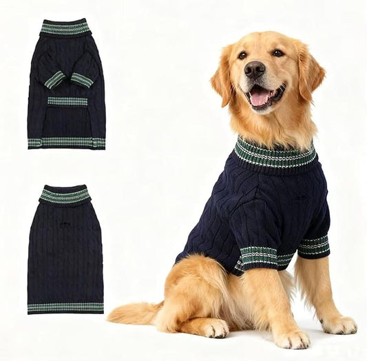 Medium/Large Dog Sweater, Warm Dog Winter Coat w/Sleeves, Comfortable High Neck & Leash Hole, Premium Dog Clothes for Golden Retriever-Best for Holidays, Daily Walks XXL Blue