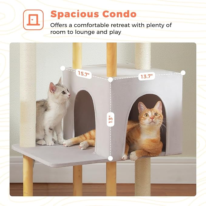 53" Modern Cat Tree for Large Cats, Wooden Cat Tower with Fully Sisal Covered Scratching Posts and Solid Wood Posts, Cat Furniture with Spacious Perch and Cozy Condo Gray