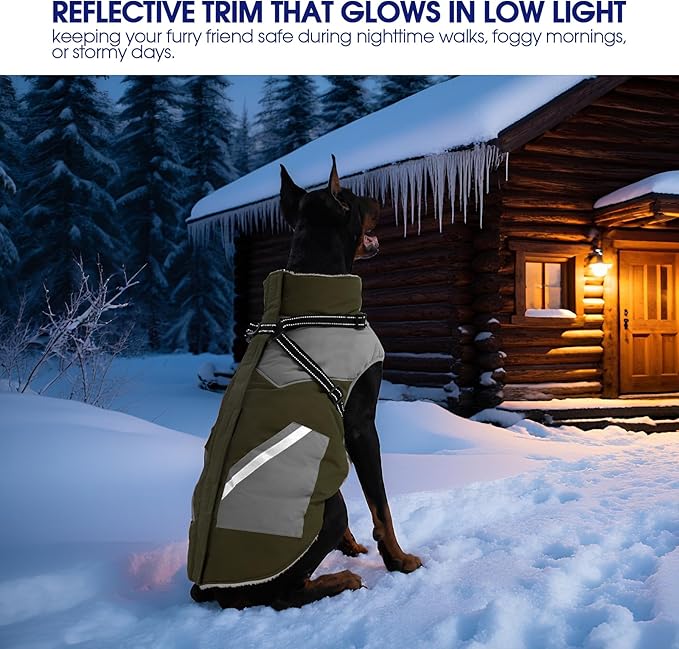 FUAMEY Dog Winter Jackets for Small Dogs,Dog Coat with Harness Built in,Waterproof Dogs Snowsuits Warm Pet Jacket Zip Up Fleece Cold Weather Coats Reflective Puppy Vest with Pocket Green S