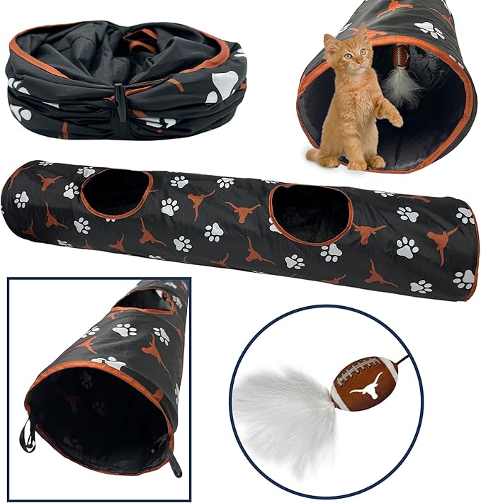 NCAA Texas Longhorns Cat Tunnel Tube Toy with Plush Football Catnip and Feathers