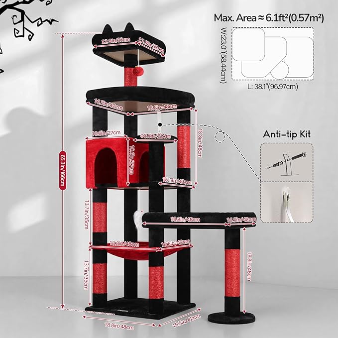 Globlazer Extra Large Platform Gothic Cat Tree, 65in Tall Sturdy Goth Cat Tower for Multiple Indoor Cats, Big Cat Tree for Large Cat with 3 Enlarged Perches, 6 Scratching Posts, Condo, S65, Red Black