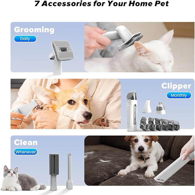 Dog Grooming Kit, Multi-Functional Hair Trimmer & Vacuum, 15KPa Powerful Suction, Stainless Steel, Low Noise, Adjustable Settings, Easy to Clean, Includes Clippers, Brush, Nail Trimmer