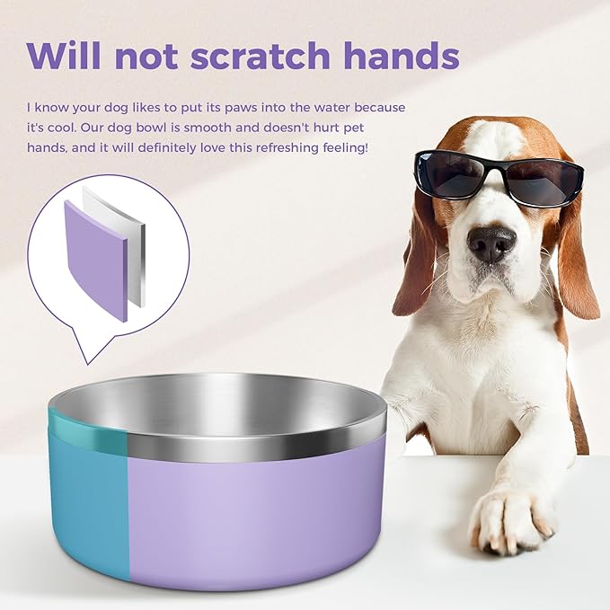 Dog Bowl, Stainless Steel Dog Food and Water Bowl with Non Slip Quiet Bottom, Easy to Clean, Dishwasher Safe, 64oz, Light Purple