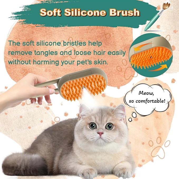 Steam Cat Cordless 3-in-1 Silicone Massaging Grooming Brush With Built-in Lithium Battery, Removes Static and Flying Pet Hair for Cats and Dogs (Beige)