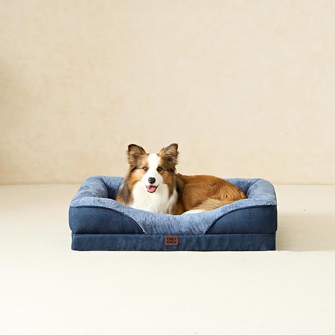 EHEYCIGA Memory Foam Dog Bed for Medium Size, Orthopedic Dog Sofa with Sides and Waterproof Liner, Washable Bolster Pet Couch with Removable Cover, 35x22x6.5 Inch, Navy