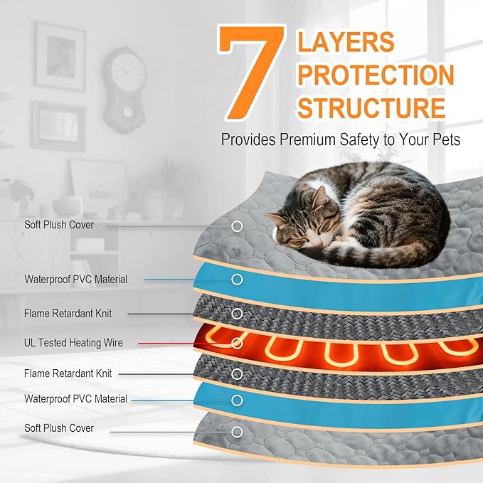Pet Heating Pad for Cats & Dogs Indoor Outdoor, Warming Cat Heating Pad with Chew Resistant Cord, Adjustable Temperature & Time, Heated Cat Bed Mat Waterproof for Cats Small Dogs, 17.7'' × 17.7''