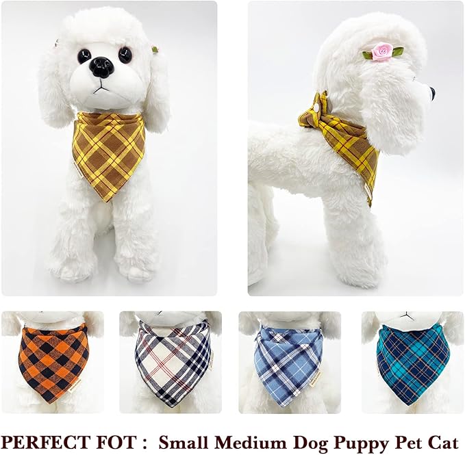 5PCS Dog Bandanas with Button - Thick Triangle Bibs Dual Layer Soft Cotton Scarves for Small Medium Boy Girl Puppy Cat Pet Baby Square Plaid Printing Washable Kerchief Halloween Costumes Outfits