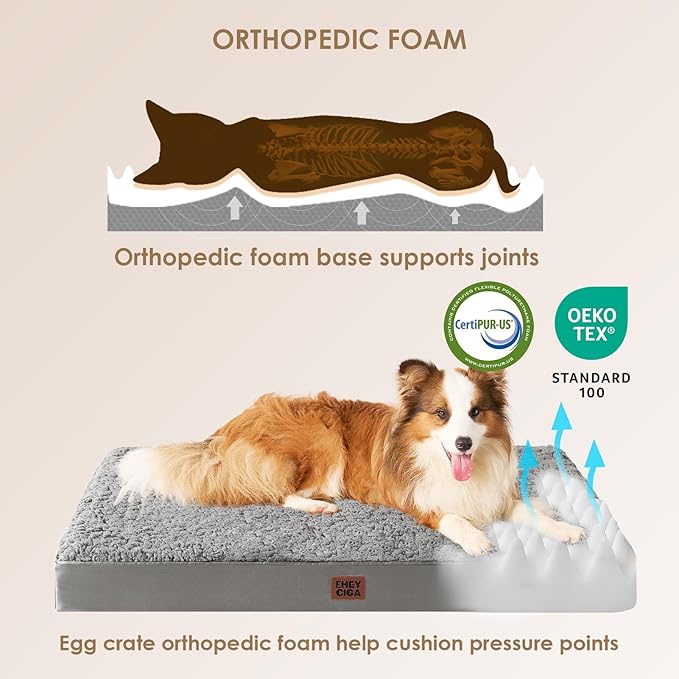 EHEYCIGA Orthopedic Dog Beds for Large Dogs with Removable Washable Cover, Light Grey, 36x27
