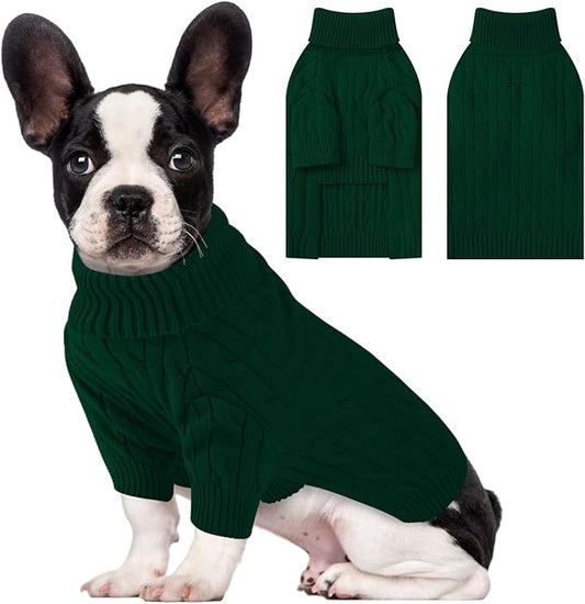 Small Dog Thermal Pullover Sweater, Classic Turtleneck Cable Knitwear Dog Clothes for Cold Weather Warm Pet Clothes for Chihuahua, Bulldog, Dachshund, Pug Green XX-Large