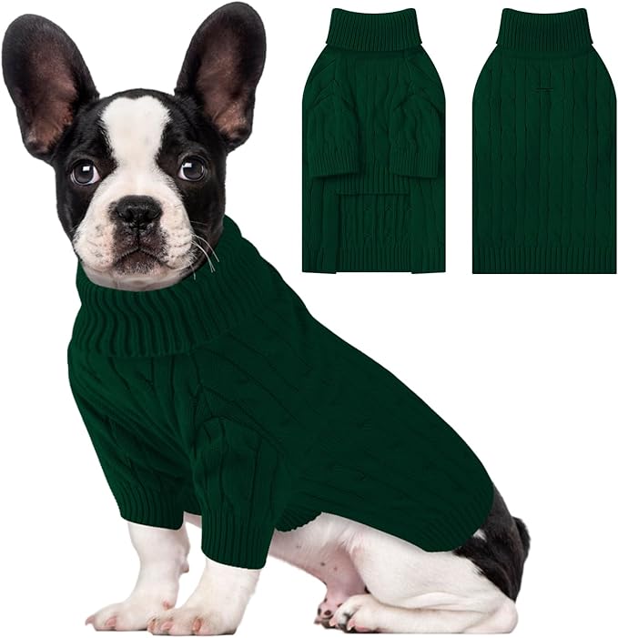 Small Dog Thermal Pullover Sweater, Classic Turtleneck Cable Knitwear Dog Clothes for Cold Weather Warm Pet Clothes for Chihuahua, Bulldog, Dachshund, Pug Green Large
