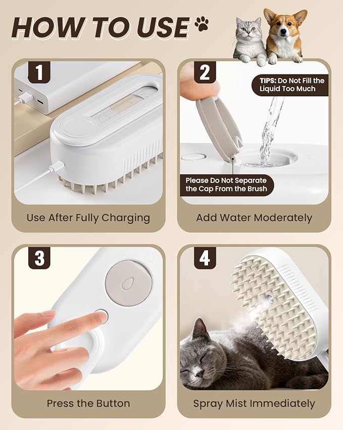 Cat Steam Brush for Shedding, Pet Steam Brush for Cats and Dog, 4 in 1 Rechargeable Cat Hair Brush, Spray Anti-Static, Massage, Cleaning, Shedding & Combing All In One, for Long & Short Haired Pets!