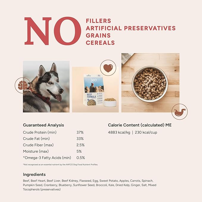 360 Pet Nutrition Freeze-Dried Raw Dog Food – Beef Recipe with Liver & Organs, High Protein with Omega-3s, Fruits, Veggies & Superfoods, Grain-Free, No Fillers, 1 lb – Made in USA