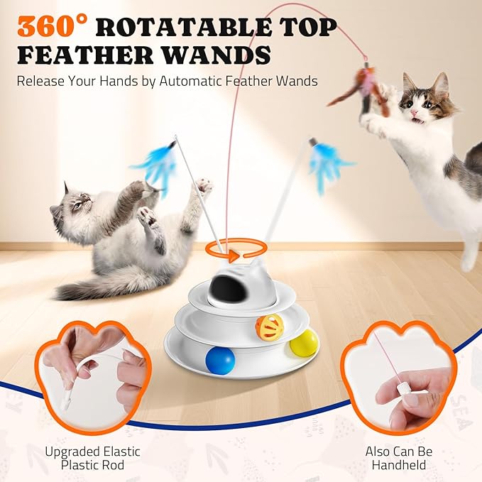 Interactive Cat Toy: 5 in 1 Automatic Cat Toy for Indoor Cats, Rechargeable Hide and Seek Toy with PVC Cover, Battery Operated Kitten Laser Toy with Standard Feather Accessories Pack