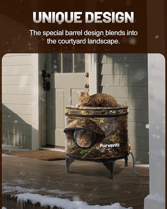 Heated Cat House for Outside,Metal Frame,Barrel Design,Extremely Weatherproof & Insulated in Winter,Elevated Outdoor Cat Shelter with Eaves & Escape Door for Feral Stray Barn Cat(Leaves,Large)