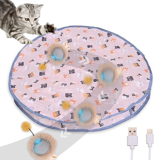 Interactive Cat Toys, Fast Rolling Ball in Play Mat, Automatic Motion Activated Moving Ball Hide and Seek Mouse Catching Game, 28" Play Mat for Cat,LED Lights, Auto On/Off