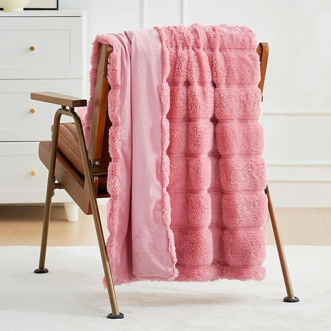 Cozy Bliss Faux Fur Throw Blanket for Couch, Cozy Warm Plush Striped Blanket for Sofa Bedroom Living Room, 60 * 80 Inches Pink