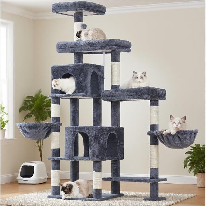 Hey-brother Cat Tree Tower, Scratching Posts with a Extended Part, Wide Platforms, Cozy Condos, Hammocks, Sisal Columns and Ball for Indoor Cats, 70.1 Inches, Smoky Gray MPJ038G