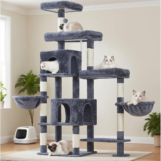 Hey-brother Cat Tree Tower, Scratching Posts with a Extended Part, Wide Platforms, Cozy Condos, Hammocks, Sisal Columns and Ball for Indoor Cats, 70.1 Inches, Smoky Gray MPJ038G