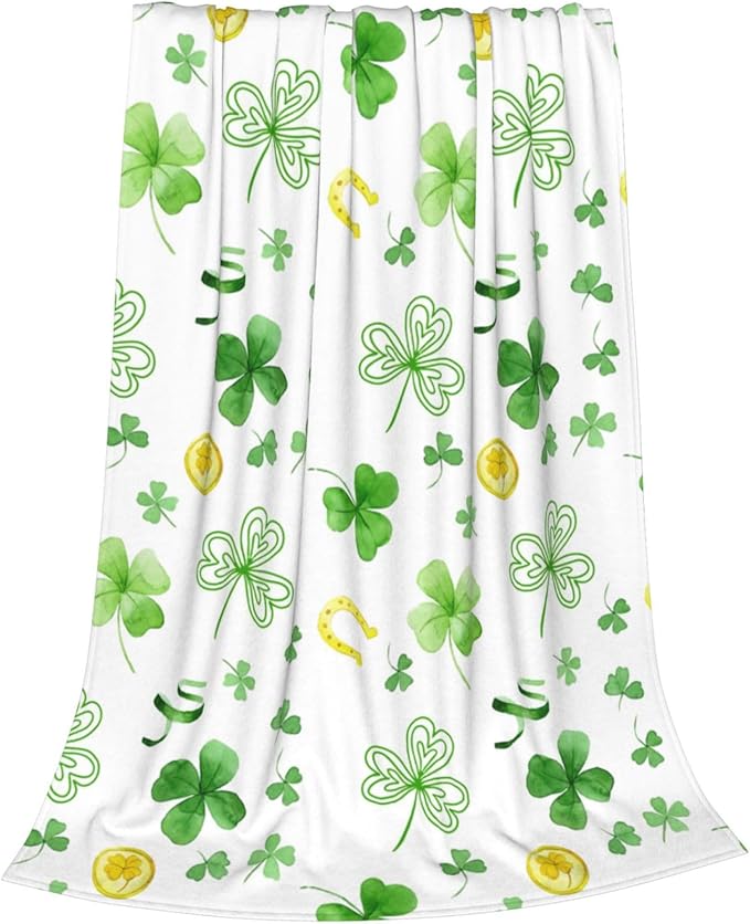 Greens Clovers St. Patrick's Day Blanket, Ireland Lucky Shamrock Throw Blanket, Gold Coin Horseshoe Fleece Blanket, Lightweight Soft Warm Flannel Blanket for Couch Sofa Chair, 50 x 60 Inch