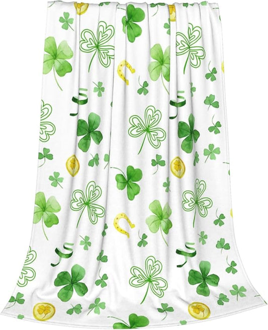 Greens Clovers St. Patrick's Day Blanket, Ireland Lucky Shamrock Throw Blanket, Gold Coin Horseshoe Fleece Blanket, Lightweight Soft Warm Flannel Blanket for Couch Sofa Chair, 50 x 60 Inch