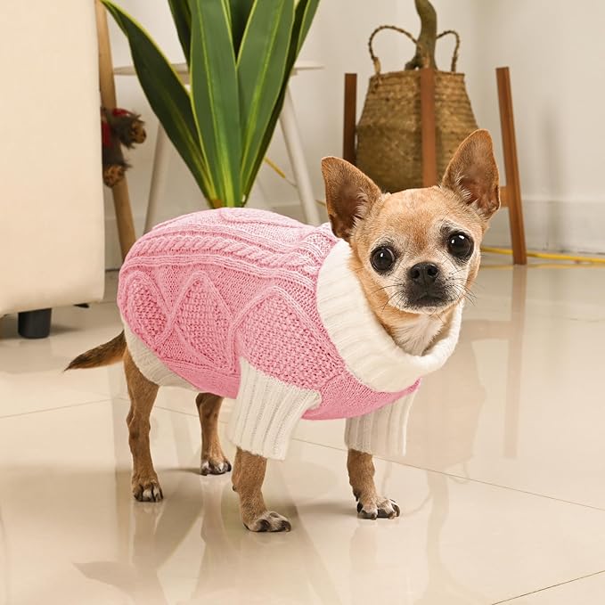 Dog Sweater for Small Dogs Argyle Cable Knit Turtleneck Pullover Winter Clothes Boys Girls Stretch Puppy Doggie Chihuahua Yorkie Pomeranian Toy Poodle Pet (S, Pink)