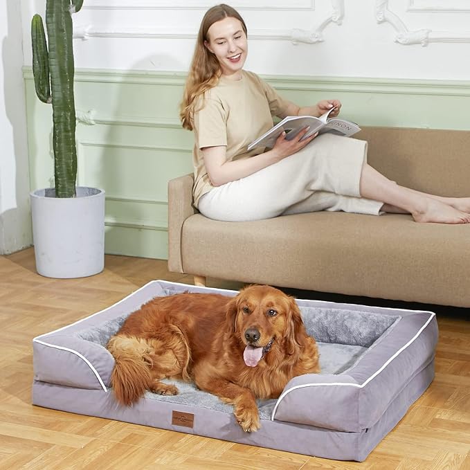 Comfort Expression Orthopedic Dog Bed for Large Dogs 38x25 Inch, Waterproof Supportive Egg Crate Foam Large Pet Bed with Removable Bolsters, Dog Couch with Washable Cover & Non-Slip Bottom, Purple