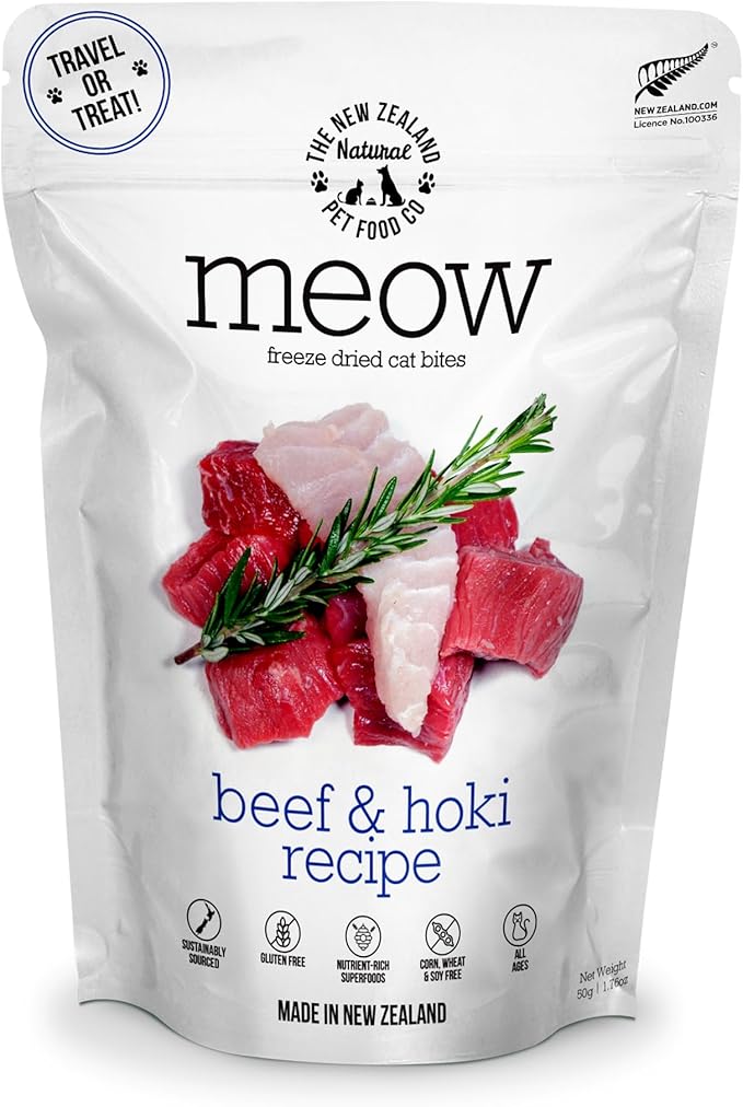 The New Zealand Natural Pet Food Co Meow Freeze Dried Cat Food - Beef & Hoki Recipe, High Protein, Meals & Toppers, Dry Cat Food,1.76 oz
