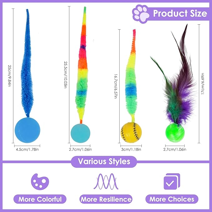 SHENGSEN Feather Wand Cat Toy,Bouncy Ball with Tail Cat Toys,Magic Worm with Large Colorful Ball Toy for Cats,Cat Feather Toys for Indoor Cats,Colorful Fuzzy Worm Bouncy Balls Cat Toy (ADM102-A-4B)