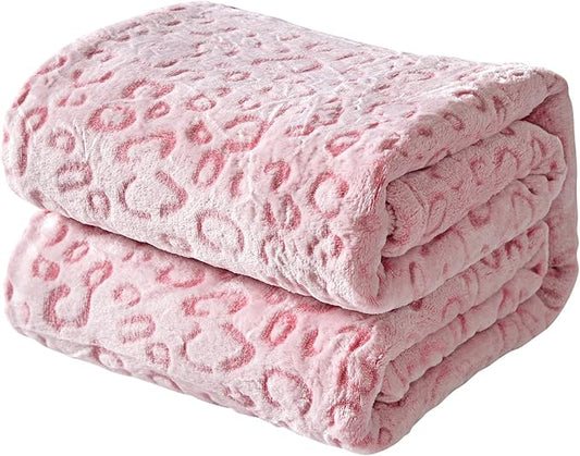 FY FIBER HOUSE Flannel Fleece Leopard Print Throw Blanket, Super Soft Lightweight Queen Size Bedspreads, 90"X90", Pink