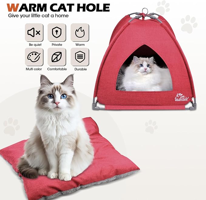 Winsterch Cat Bed Cave for Indoor Cats,Pet Tent Cave for Cats Small Dogs Kitten Bed with Removable Washable Cushion (18.5'' x 18.5'' x 15.8'', W-Red)