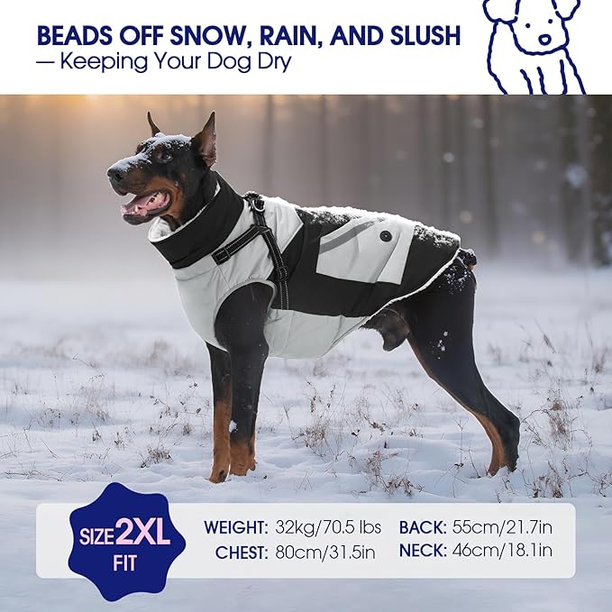 FUAMEY Dog Winter Jackets for Large Dogs,Dog Coat with Harness Built in,Waterproof Dogs Snowsuits Warm Pet Jacket Zip Up Fleece Cold Weather Coats Reflective Puppy Vest with Pocket Black 3XL
