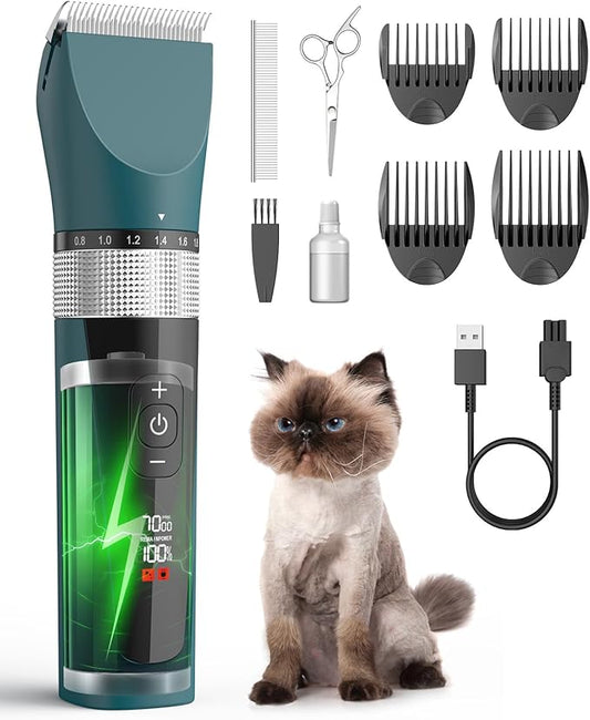 oneisall Cat Clippers for Matted Hair, 5-Speed Quiet Cat Grooming kit, Cordless Pet Shaver for Long Hair,Waterproof Pet Hair Trimmer, Pet Clippers for Cats(Green)