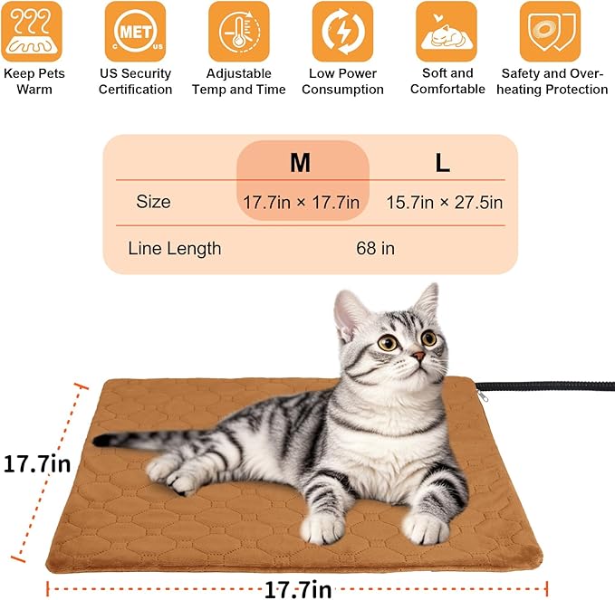 Pet Heating Pad for Cats & Dogs Indoor Outdoor, Warming Cat Heating Pad with Chew Resistant Cord, Adjustable Temperature & Time, Heated Cat Bed Mat Waterproof for Cats Small Dogs, 17.7'' × 17.7''